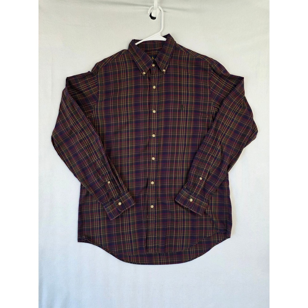 Ralph Lauren Plaid Button Down Shirt Large Purple Green Cotton Preppy Heritage